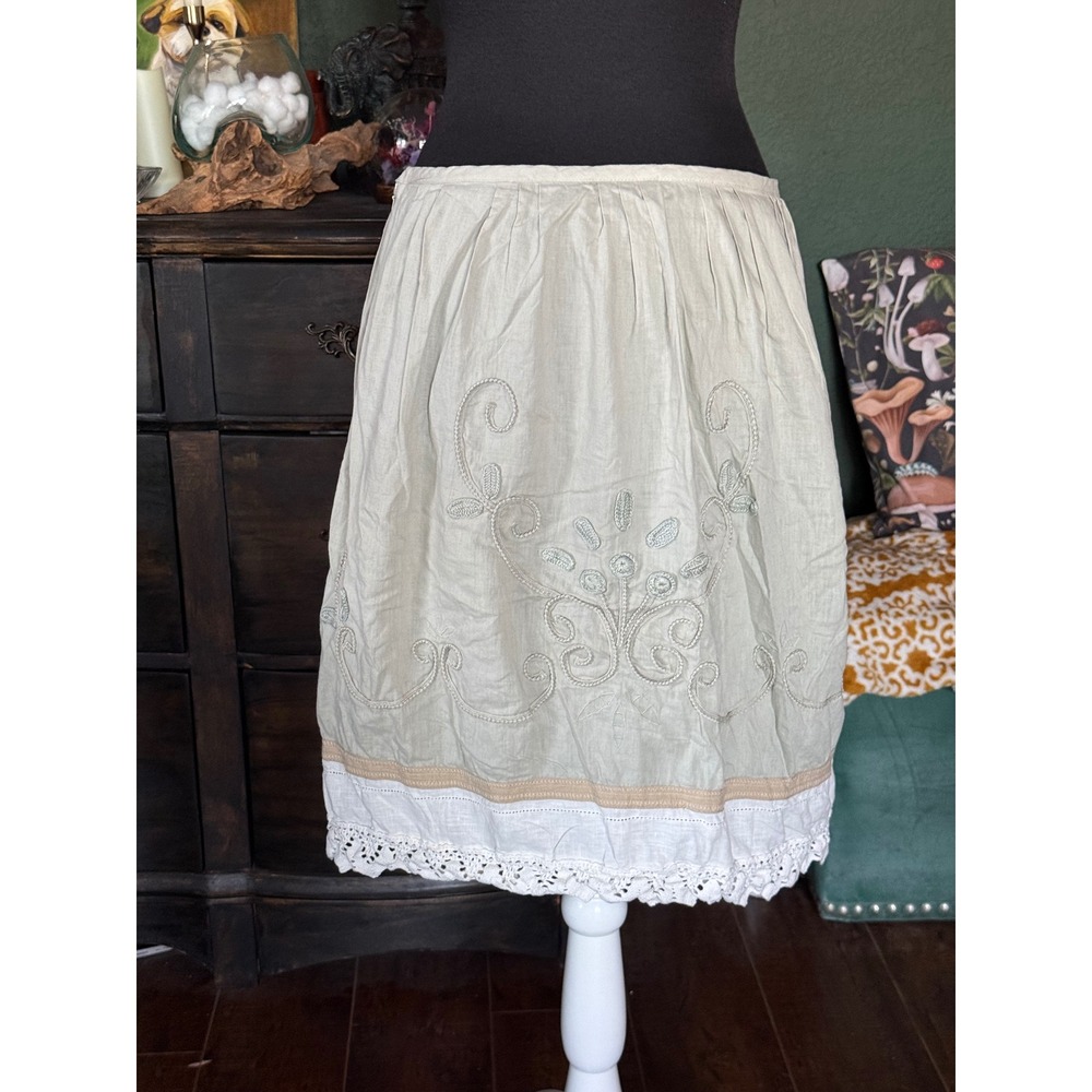 Ann Taylor LOFT Petites Embroidered Linen Blend Lace Trim Skirt Sage Green 6P - Picture 2 of 5